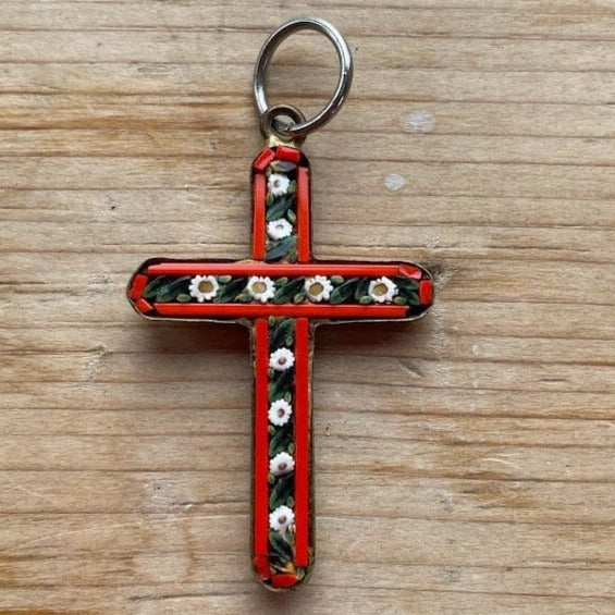 A Lovely Vintage Micro Mosaic Cross Pendant With a Brass Backing probably Italian in the Murano Style 35mm tall