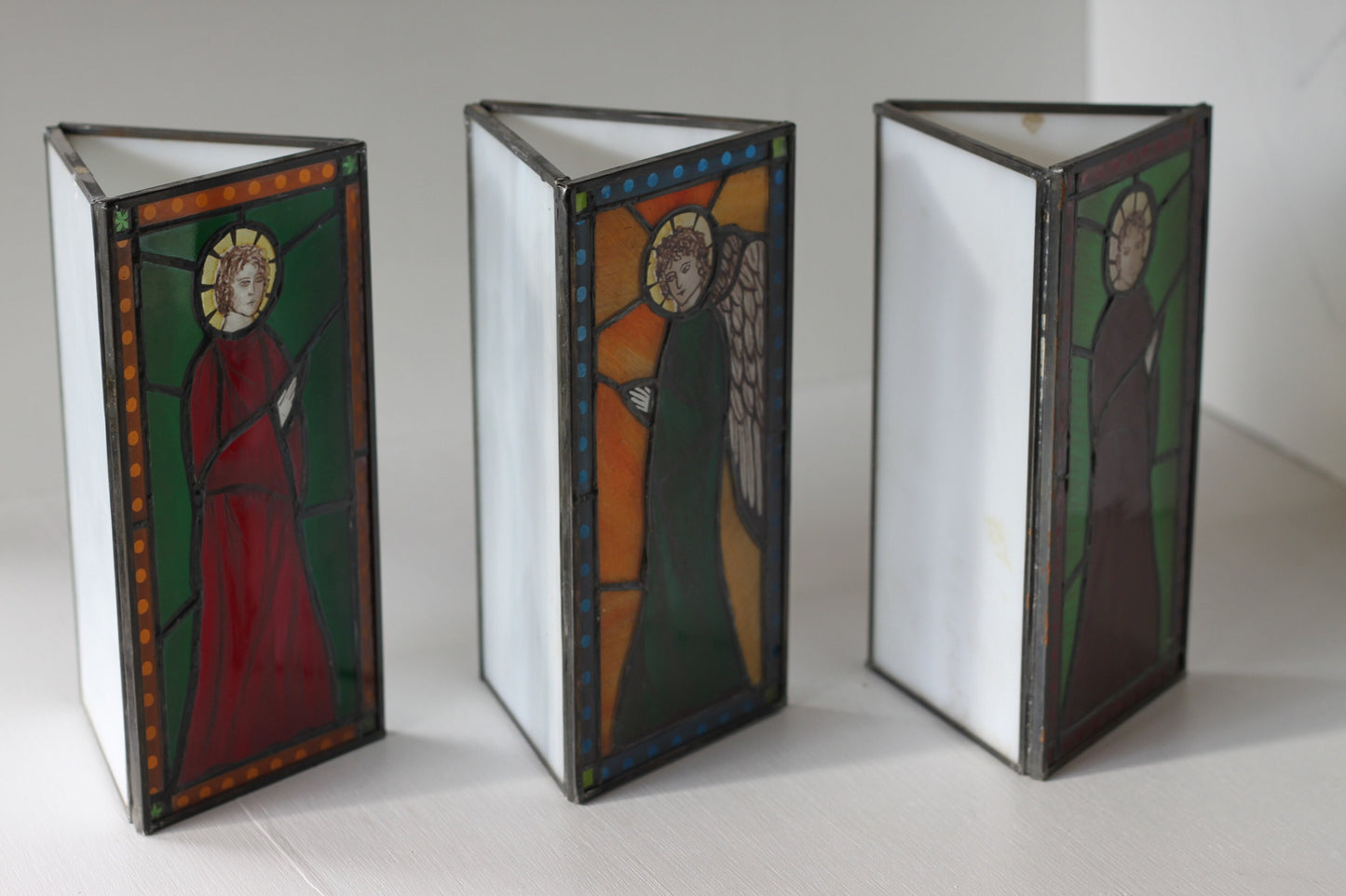 Three hand made, hand etched stained glass religious candle lights