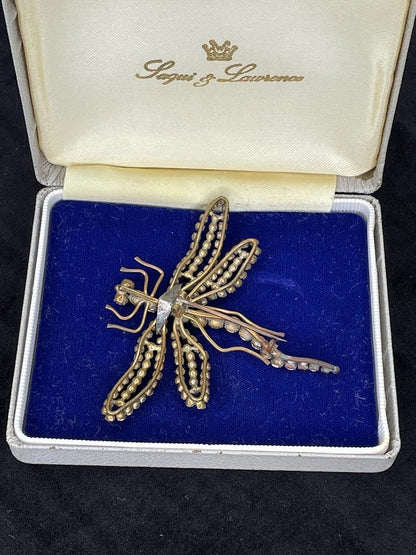 A Vintage Gilt Metal and Paste Dragonfly Costume Jewellery Brooch 80's - 68mm long