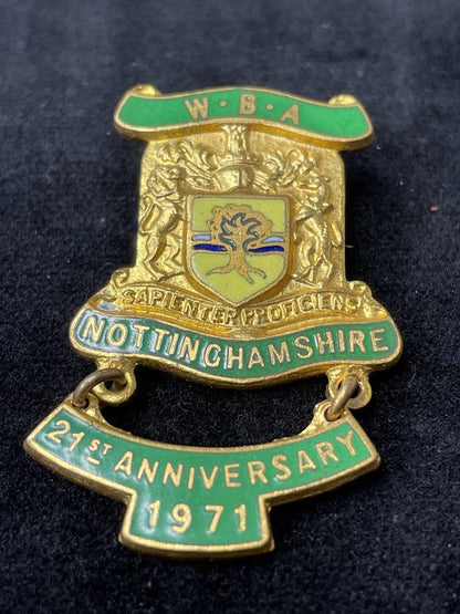 A Vintage W.B.A Nottinghamshire 21st Anniversary 1971 Pin Badge by the Makers H.W.Miller