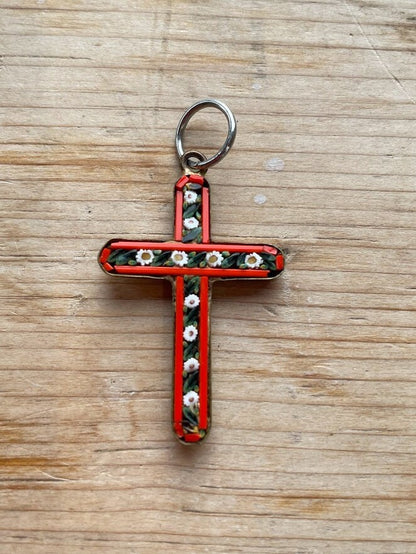 A Lovely Vintage Micro Mosaic Cross Pendant With a Brass Backing probably Italian in the Murano Style 35mm tall