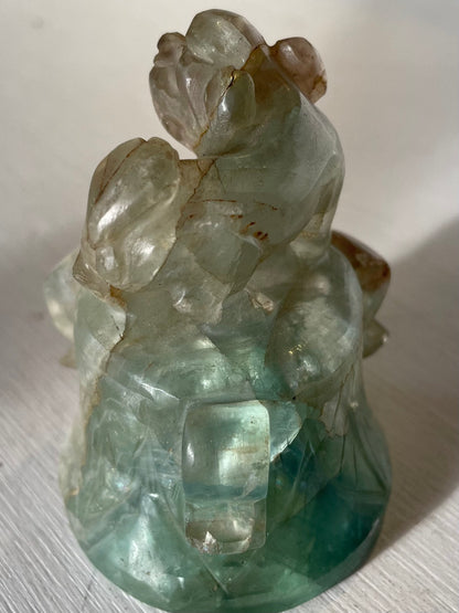 A Chinese Fluorite Carving of an Archaic Style Bell with Foo Dog on Top, 7cm high