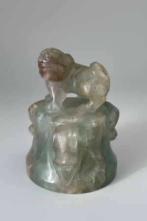 A Chinese Fluorite Carving of an Archaic Style Bell with Foo Dog on Top, 7cm high