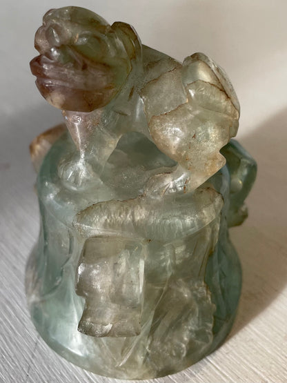 A Chinese Fluorite Carving of an Archaic Style Bell with Foo Dog on Top, 7cm high