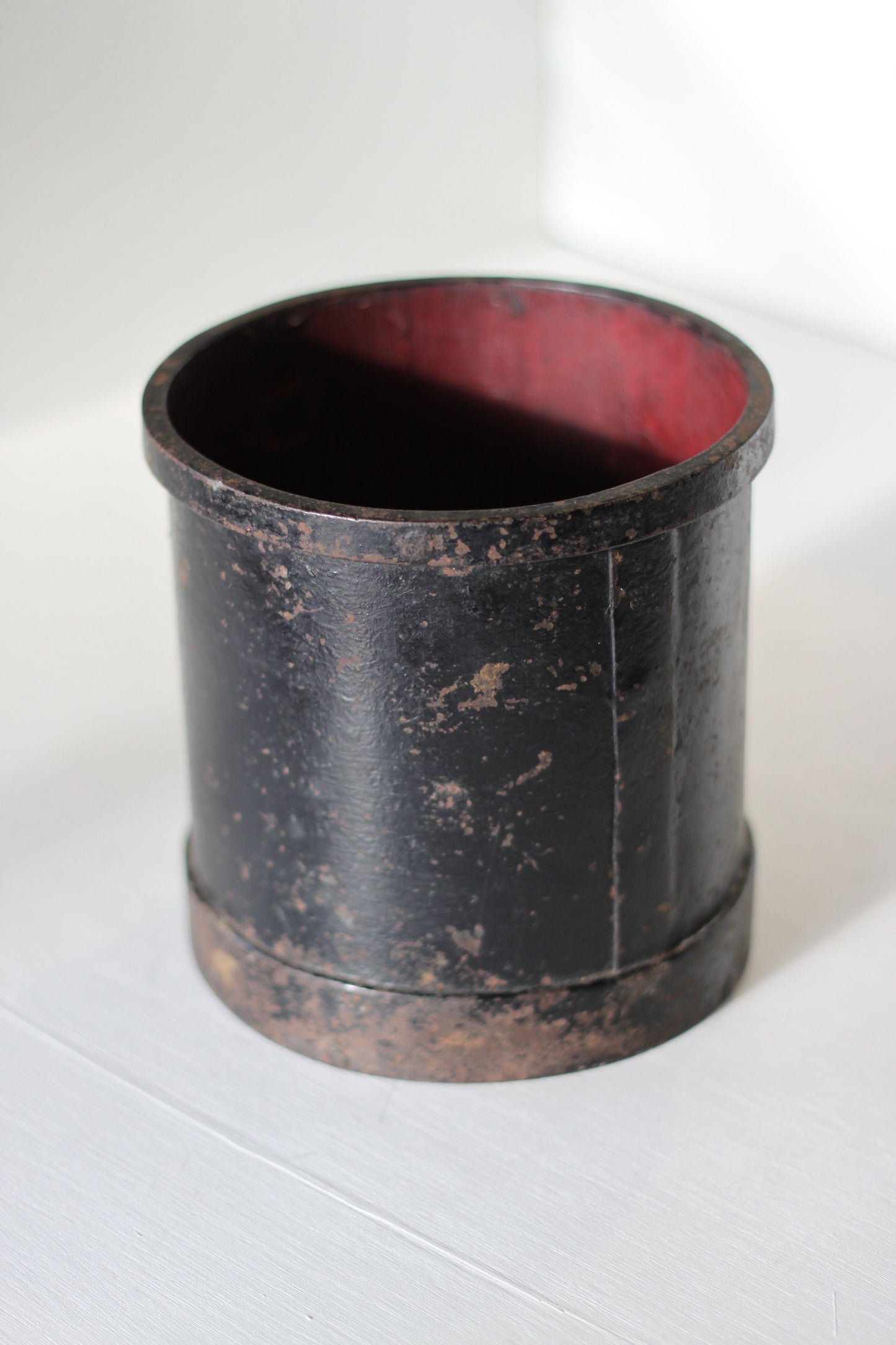 An Antique Iron Bound Two Litre Exchequer Measure, 15cm high x 15cm in diameter