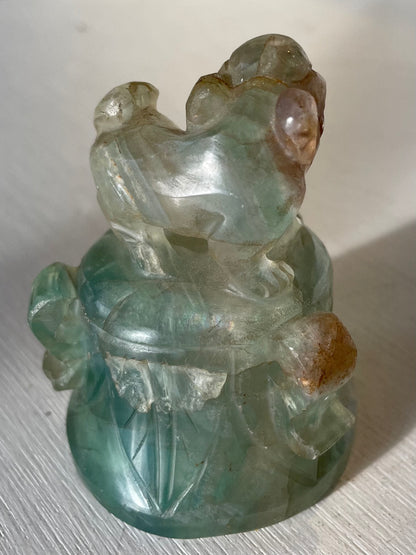 A Chinese Fluorite Carving of an Archaic Style Bell with Foo Dog on Top, 7cm high