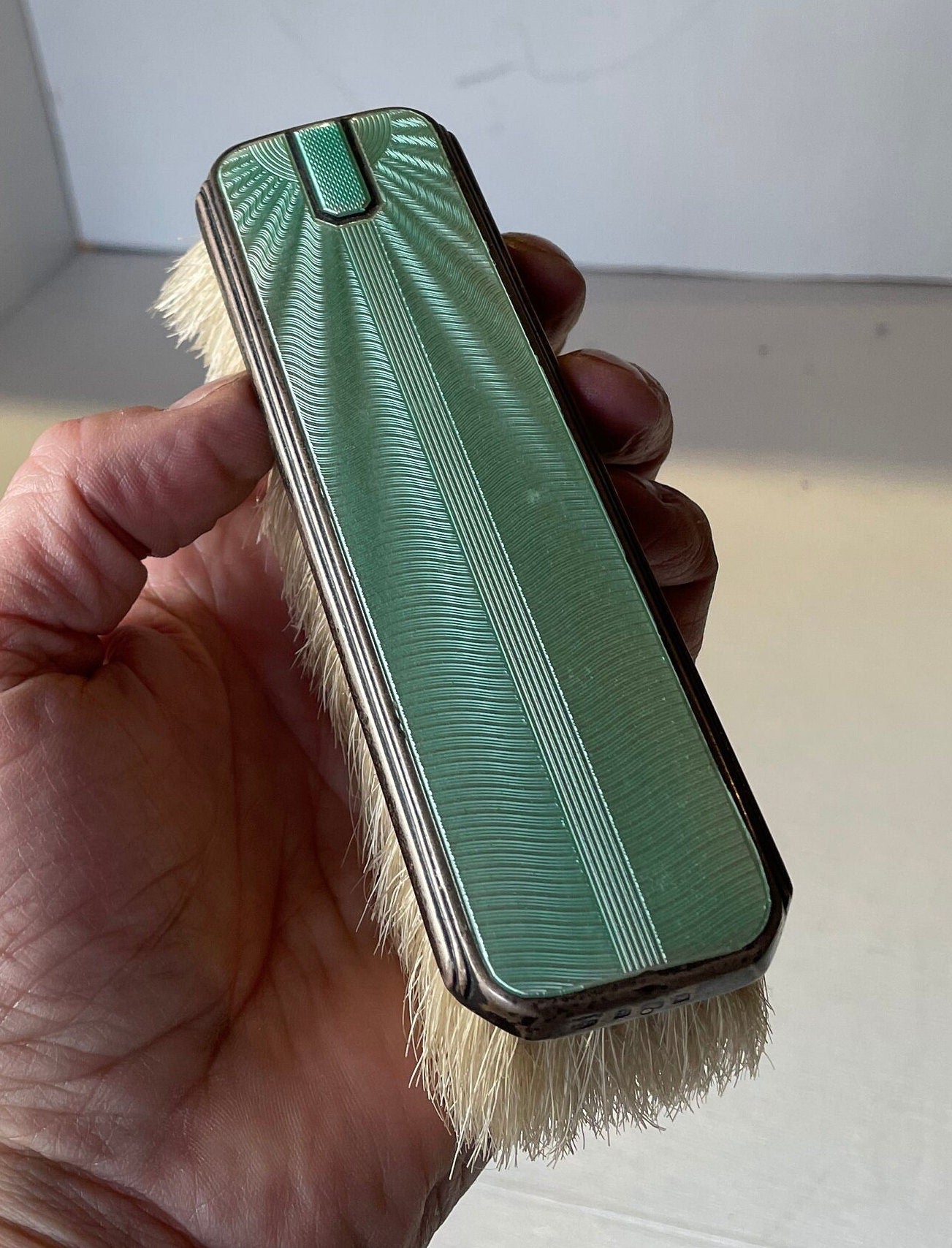 An Engine Turned Guilloche Enamel Silver Clothes Brush -Birmingham 1937 by William Neale & Son Ltd