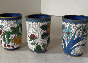 Three Small Vintage Cloisonne Cylinder Vases With Pretty Floral Designs 8cm Tall