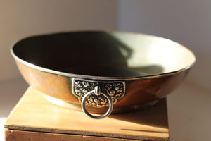 Handmade Tibetan Copper Bowl w/ Ornate Silver Metal Rim & Handle c20th