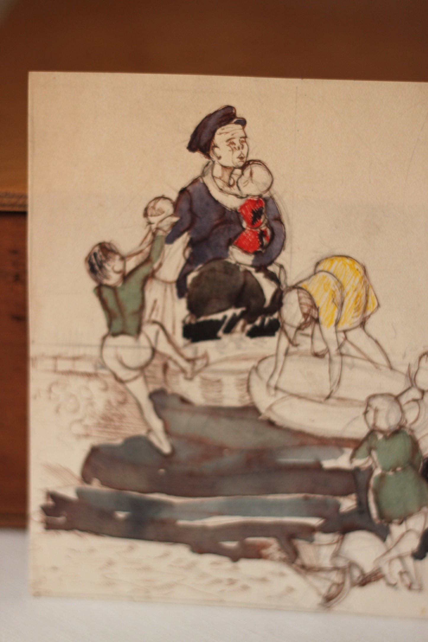 a small original pencil, ink and watercolour sketch painting of children playing 1940's