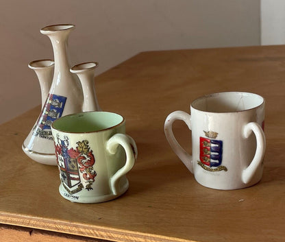 Three Crest Ware Pieces From Places Around The UK - Great Yarmouth Jug, Triple Handled Norwich and Lowestoft Beaker and a Croydon Beaker