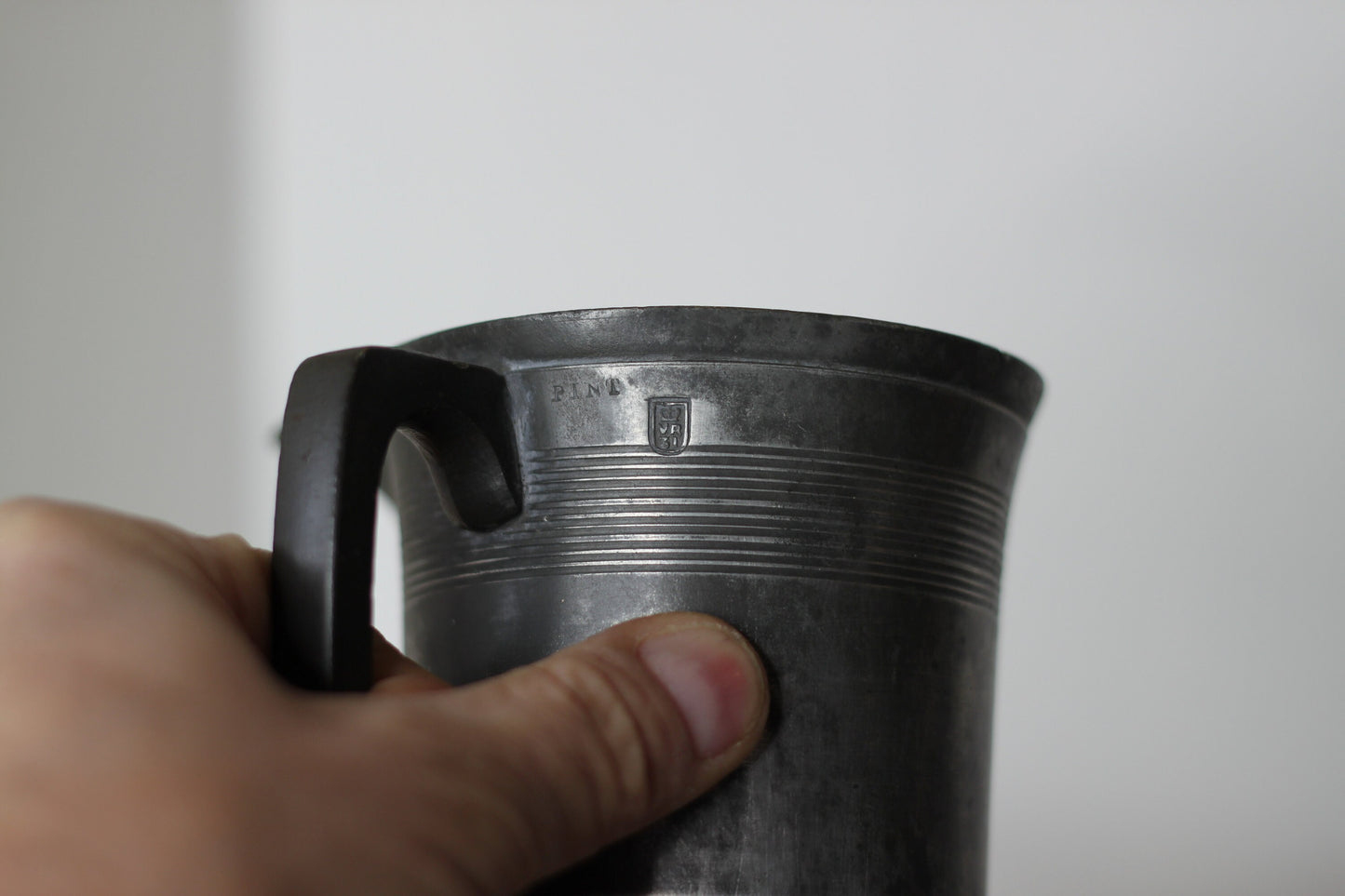 A 19th Century Pewter Side-Pouring Jug With Verification Marks, Engraved Cartouche and Base With a W&M Stamp