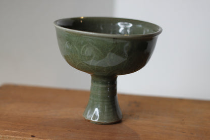 A Chinese Celadon Stem Cup, The Bowl Interior Decorated With Dragons, 12cm Tall