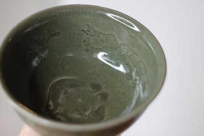 A Chinese Celadon Stem Cup, The Bowl Interior Decorated With Dragons, 12cm Tall