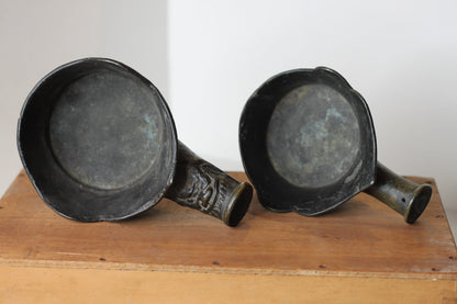 2 Chinese Archaic Design Bronze Silk Irons, Both Having Embossed and eEngraved Decoration, Longest 20cm