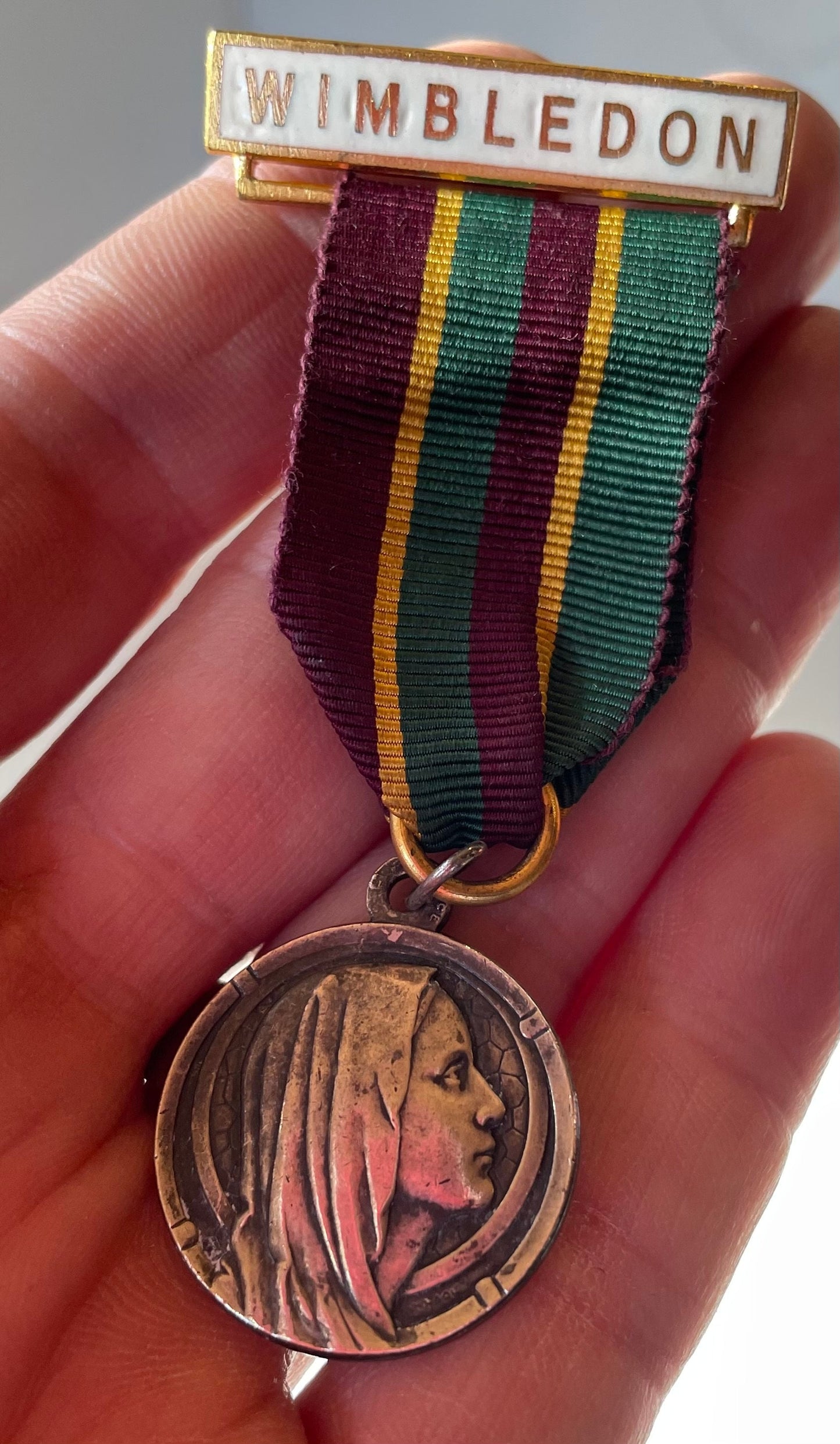 A Pendant Fob charm of - "Our Lady of Lourdes" forming a  WIMBLEDON medal likely from Wimbledon College  by H W Miller Birmingham