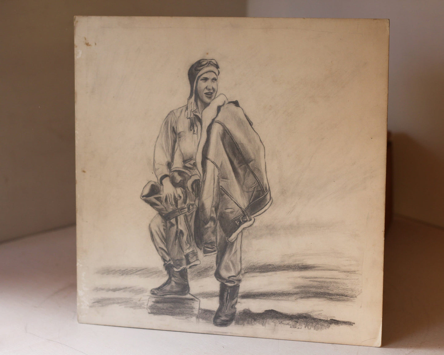 An Original Pencil Sketch of a WW2 Airman in Uniform Signed and Dated 1942 - Military and Air Force Interest