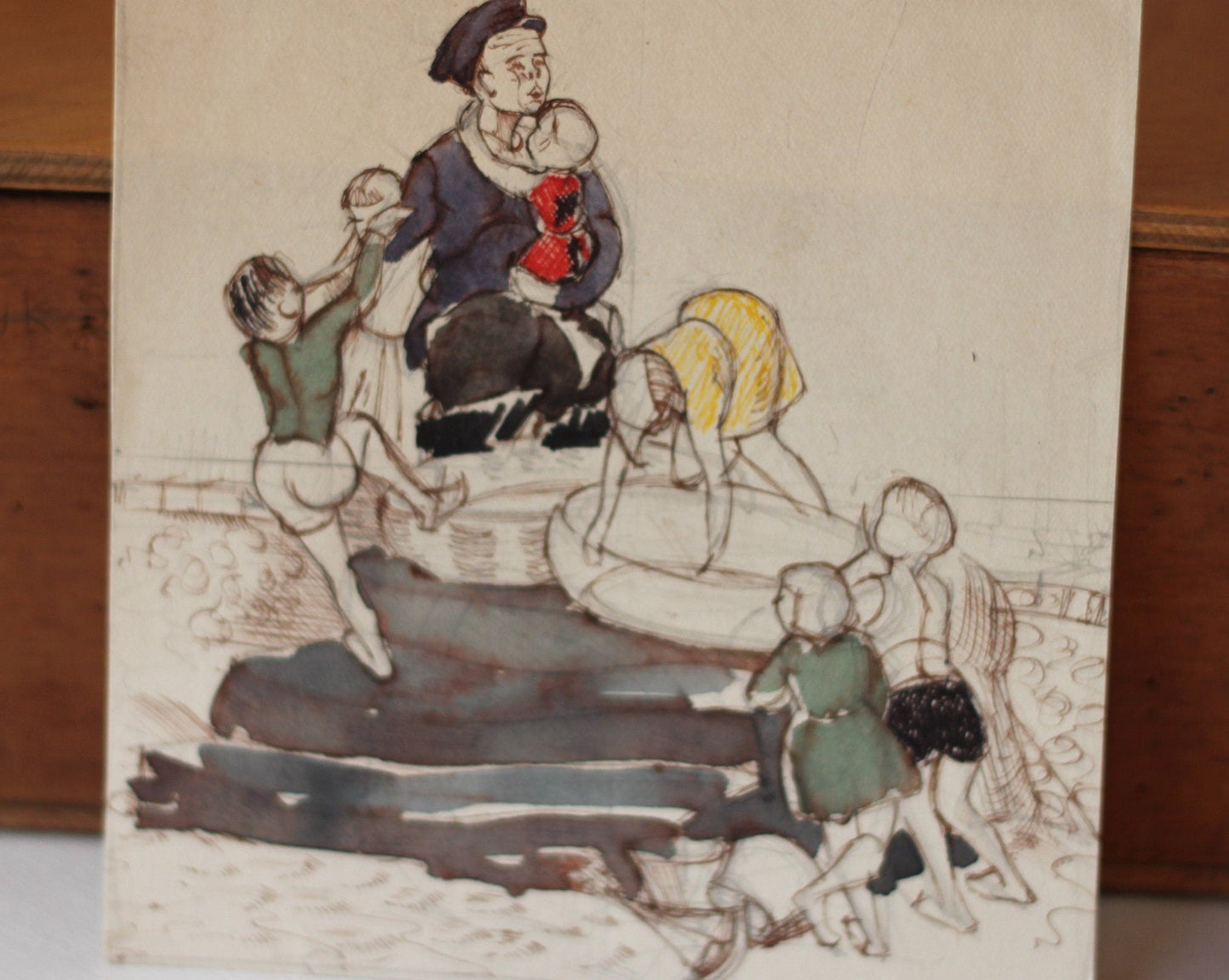 a small original pencil, ink and watercolour sketch painting of children playing 1940's