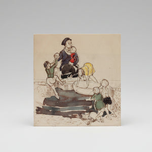a small original pencil, ink and watercolour sketch painting of children playing 1940's