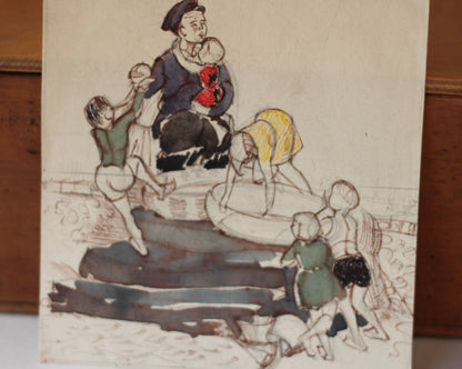 a small original pencil, ink and watercolour sketch painting of children playing 1940's