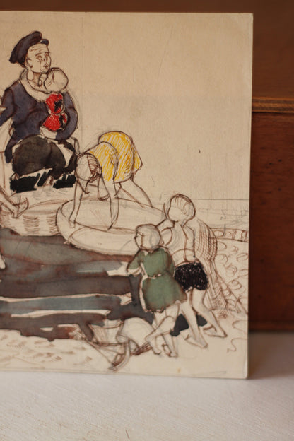 a small original pencil, ink and watercolour sketch painting of children playing 1940's