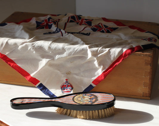 Two Vintage pieces of memorabilia  Hair Brush and Silk Handkerchief To Celebrate 1937 Coronation of King Edward V1