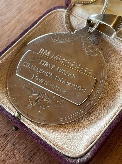 A Silver Medallion Fob Gifted to Jim Meredith - First Welsh Challenge Champion Town Crier Aberystwyth Wales on a 925 Silver Chain