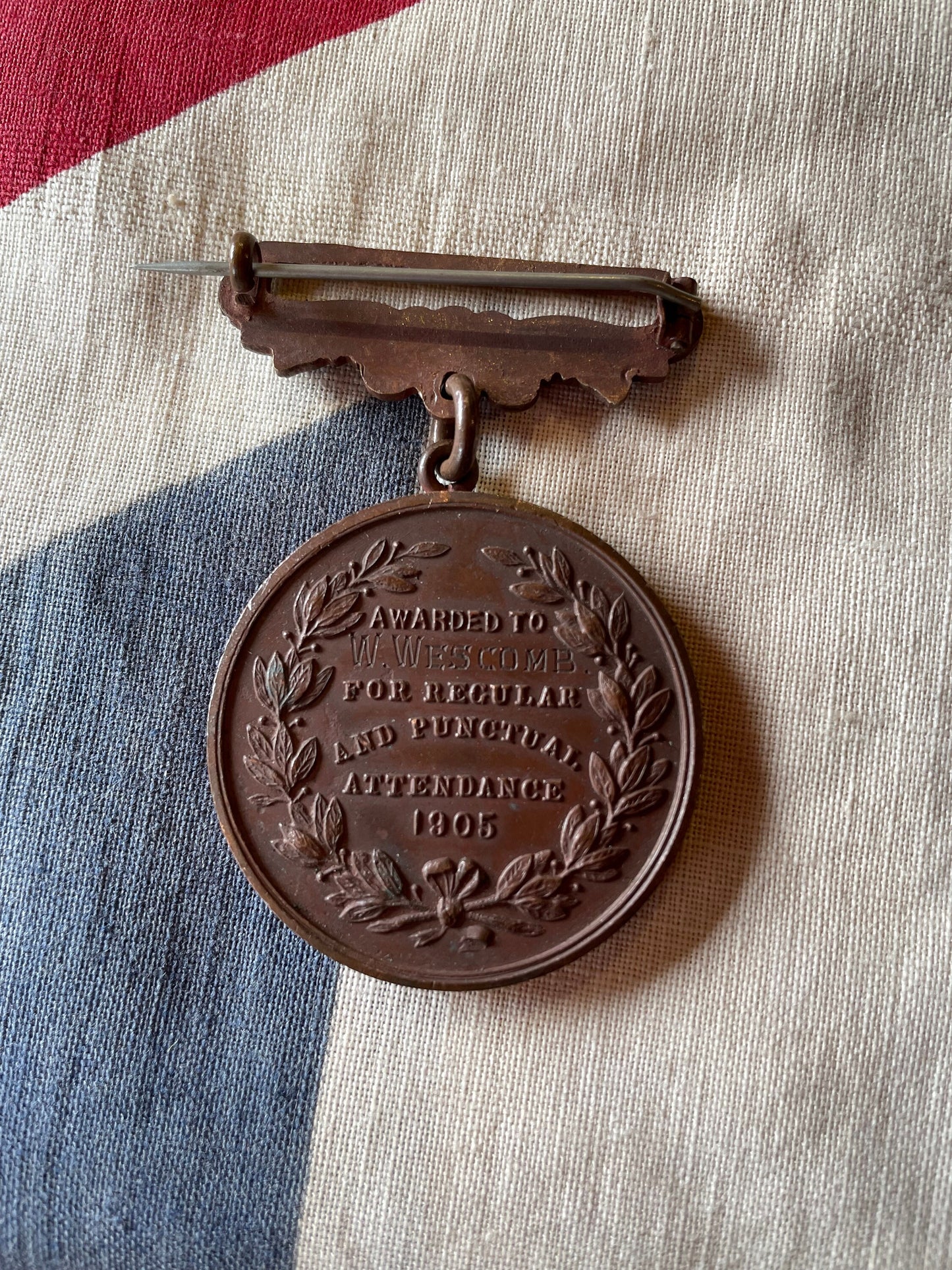 A Walthamstow Education Committee' Medal Fob Awarded to W. Wescome  For Regular and Punctual Attendance 1905