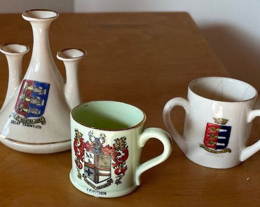 Three Crest Ware Pieces From Places Around The UK - Great Yarmouth Jug, Triple Handled Norwich and Lowestoft Beaker and a Croydon Beaker