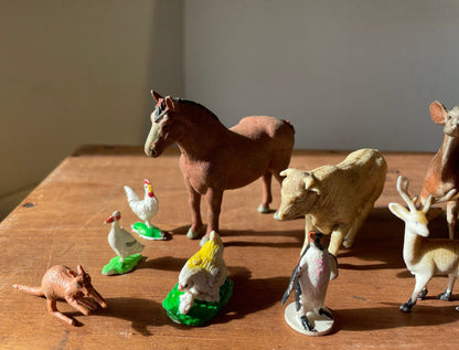 A Collection of 1970's Plastic Animals- A Britains Ltd England Horse, Lamar and Akapi The Rest made in Hong Kong