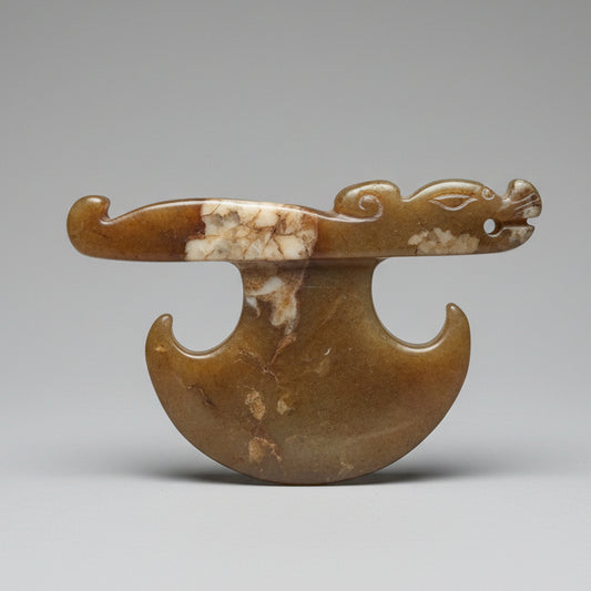 A Chinese Archaistic Hardstone Carving 7.5x5cm -  Ceremonial axe with head of a Chinese Mythical creature