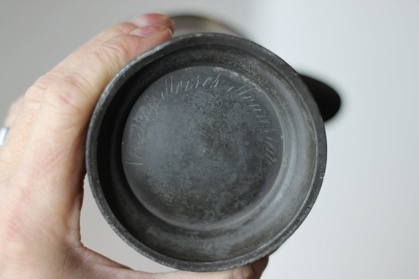 A 19th Century Pewter Side-Pouring Jug With Verification Marks, Engraved Cartouche and Base With a W&M Stamp