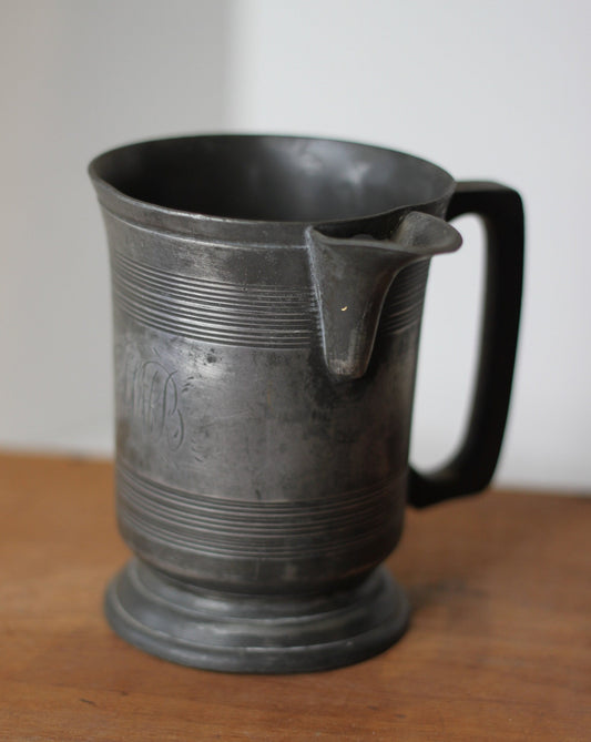 A 19th Century Pewter Side-Pouring Jug With Verification Marks, Engraved Cartouche and Base With a W&M Stamp