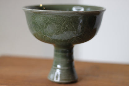 A Chinese Celadon Stem Cup, The Bowl Interior Decorated With Dragons, 12cm Tall