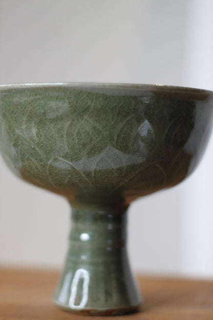 A Chinese Celadon Stem Cup, The Bowl Interior Decorated With Dragons, 12cm Tall