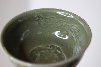 A Chinese Celadon Stem Cup, The Bowl Interior Decorated With Dragons, 12cm Tall