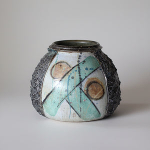 An original  Studio Pottery Stoneware Vase, Textured and Painted, Signed to Base, Height 18cm