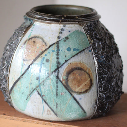 An original  Studio Pottery Stoneware Vase, Textured and Painted, Signed to Base, Height 18cm