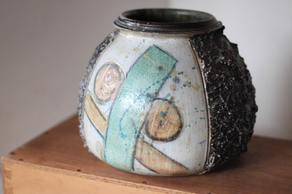 An original  Studio Pottery Stoneware Vase, Textured and Painted, Signed to Base, Height 18cm