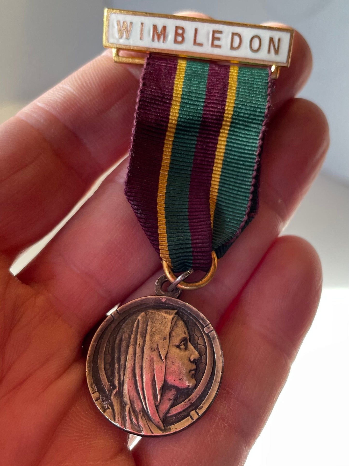 A Pendant Fob charm of - "Our Lady of Lourdes" forming a  WIMBLEDON medal likely from Wimbledon College  by H W Miller Birmingham