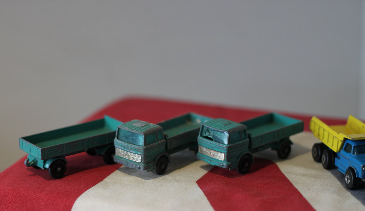 Five Diecast Metal Matchbox Series Toy Trucks and One Trailer By Lesney 1960's