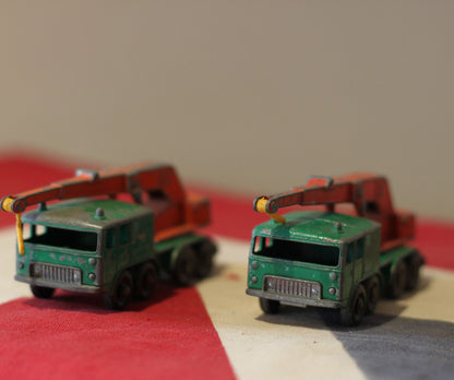 five diecast crane and dump truck toys by Corgi and  Lesney from the 1960's and 70's - in Original Unrestored Condition