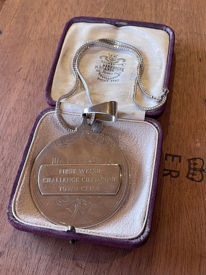 A Silver Medallion Fob Gifted to Jim Meredith - First Welsh Challenge Champion Town Crier Aberystwyth Wales on a 925 Silver Chain