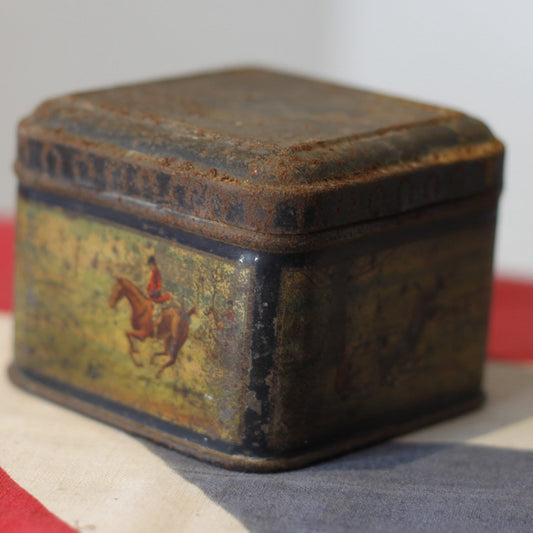 A late Victorian Antique Lithographed Tin From 'Moss Rimmington Ltd Mustard Barco and Baking Powder' Decorated With Horses and Riders