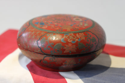 A Late 19th Century Chinese  Papier-Mch Lacquered Bun Box and Cover Hand Painted and Incised With Fish and Flowers, 18cm in Diameter