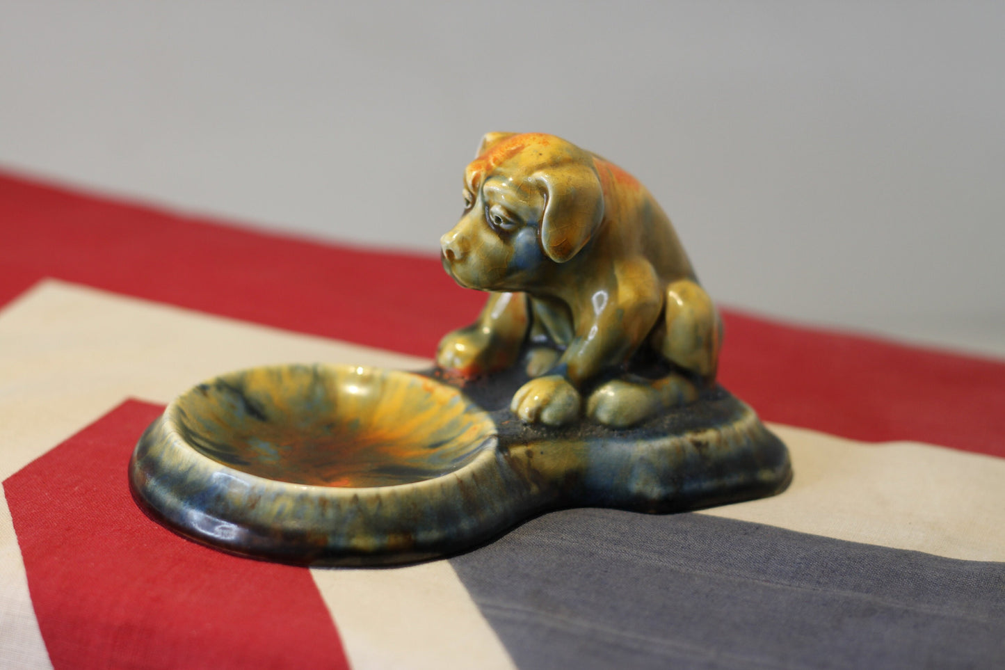 An Art Deco Vintage Crackle Glazed Pottery Dog Dish Having a Colourful Mottled Glaze, 14.5cm in Length