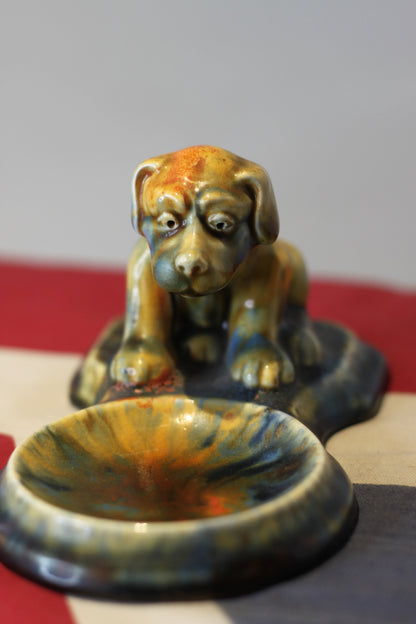 An Art Deco Vintage Crackle Glazed Pottery Dog Dish Having a Colourful Mottled Glaze, 14.5cm in Length