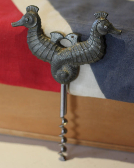 An Unusual Vintage Lead Double Seahorse Cork Screw - 13cm Long -  c1930's