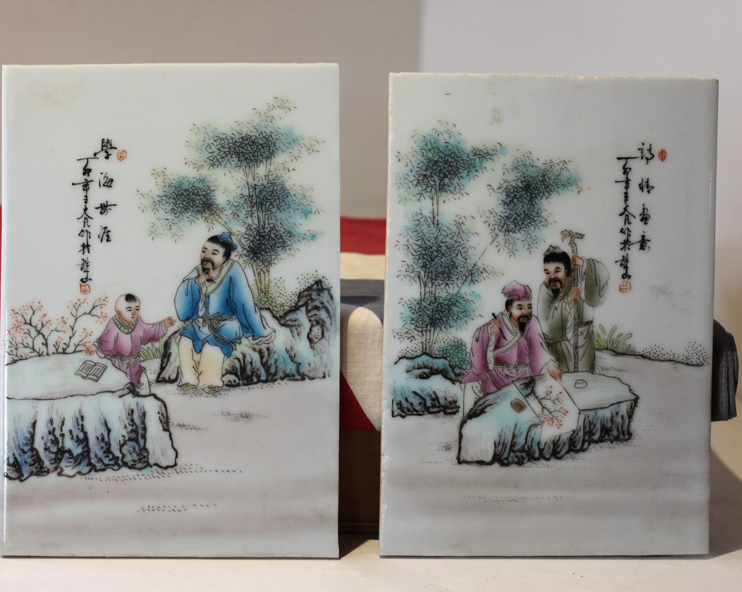 Pair of Chinese Porcelain Panels- Hand Painted - Famille Rose Palette - Scholar and Attendant, Calligraphy and Red Seal Marks 23.5 x16cm