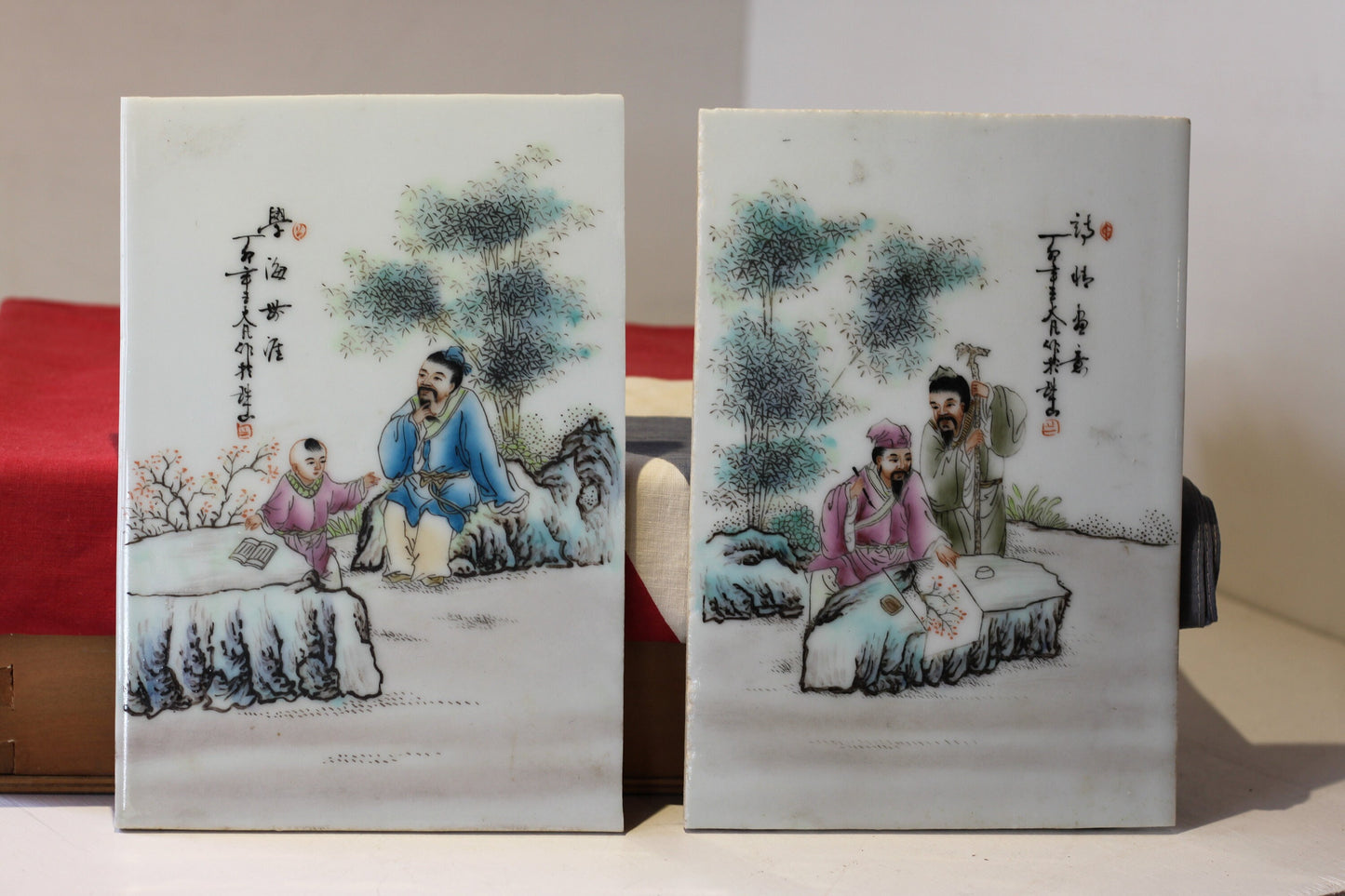 Chinese Porcelain Book-Form Plaque Pair – Hand Painted Scholar Scenes & Calligraphy (Mid-20th Century)